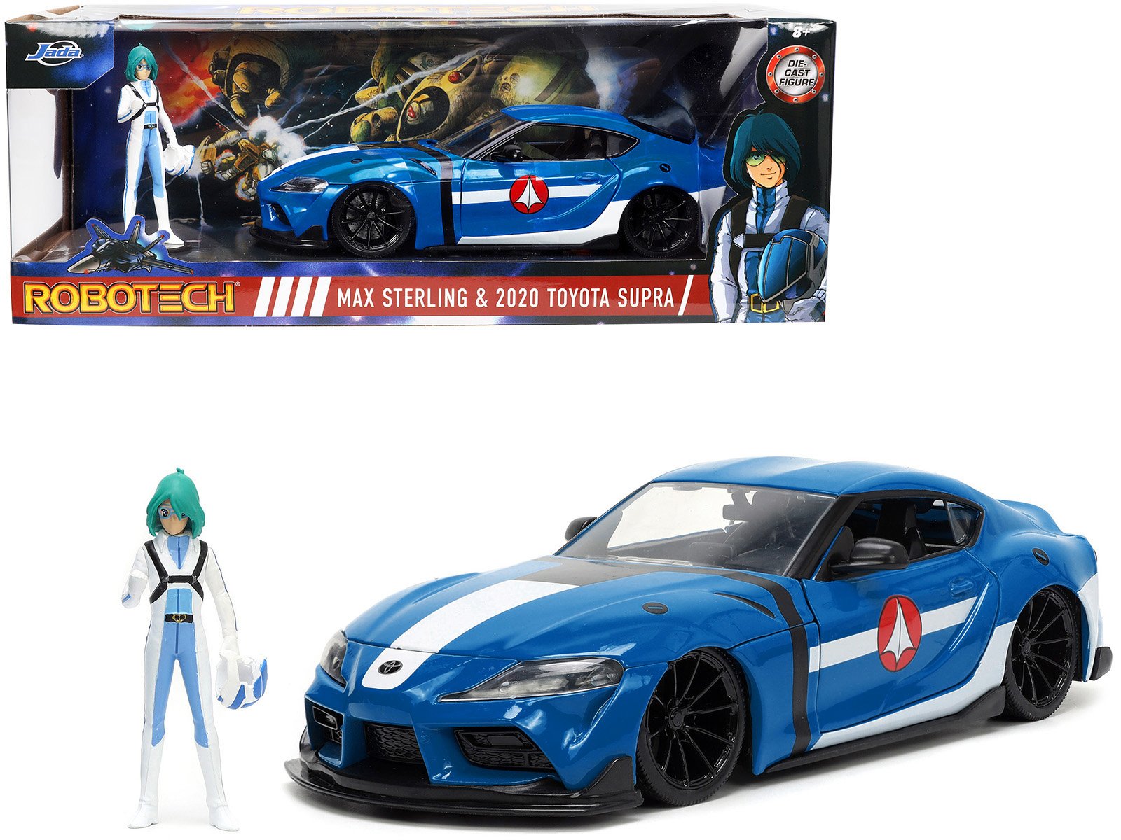 2020 toyota supra blue with graphics and max sterling diecast figurine "robotech" "hollywood rides" series 1/24 diecast model car by jada 2020 toyota supra blue with graphics and max sterling diecast figurine "robotech" "hollywood rides" series 1/24 diecast model car by jada