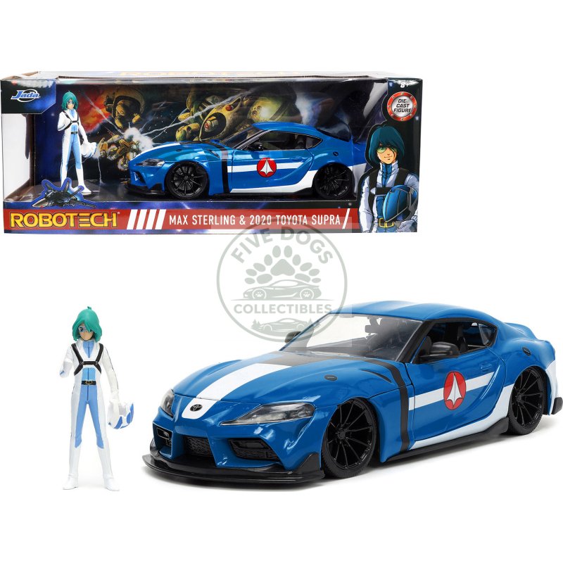 2020 toyota supra blue with graphics and max sterling diecast figurine "robotech" "hollywood rides" series 1/24 diecast model car by jada