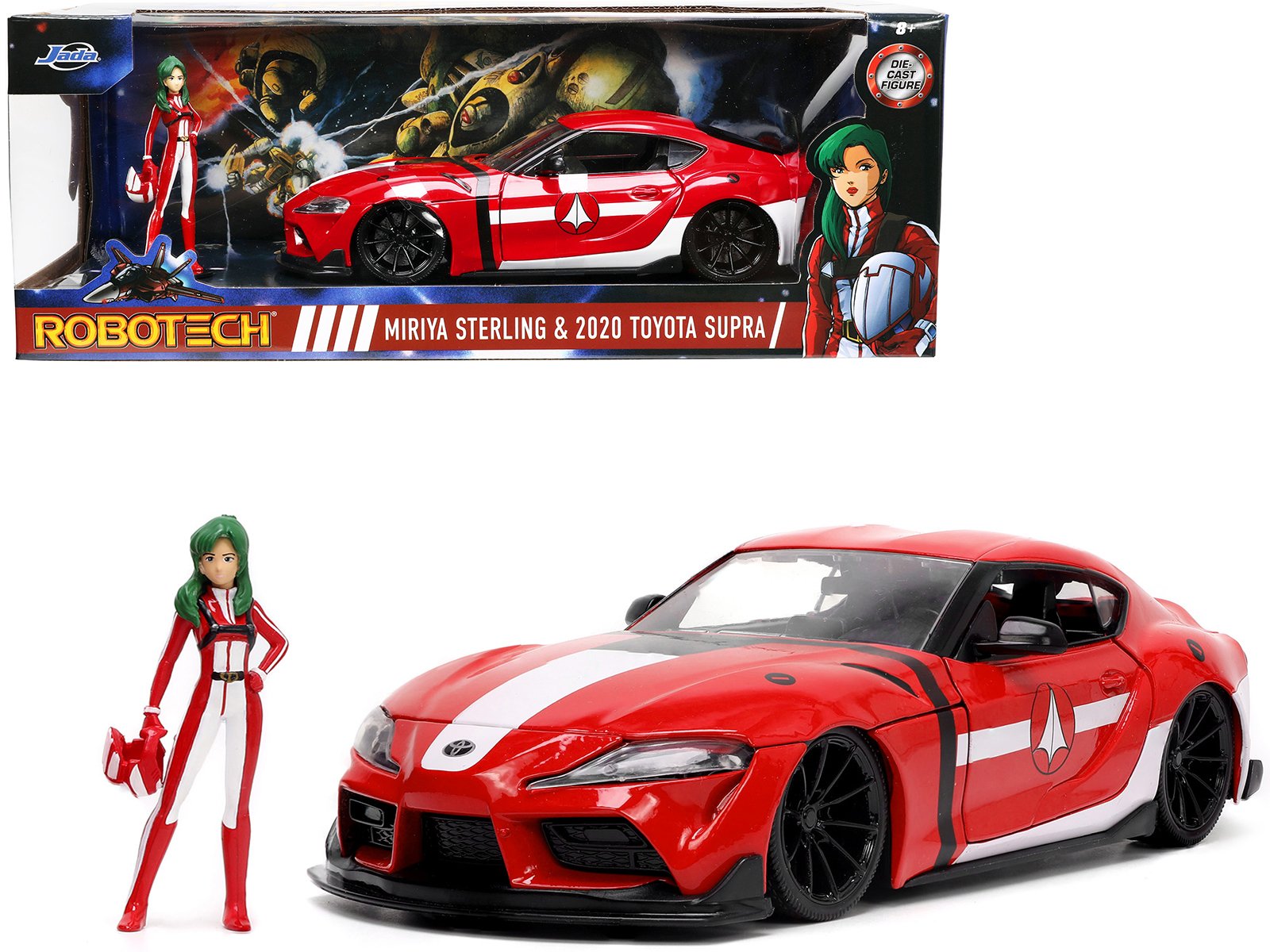 2020 toyota supra red with graphics and miriya sterling diecast figurine "robotech" "hollywood rides" series 1/24 diecast model car by jada 2020 toyota supra red with graphics and miriya sterling diecast figurine "robotech" "hollywood rides" series 1/24 diecast model car by jada