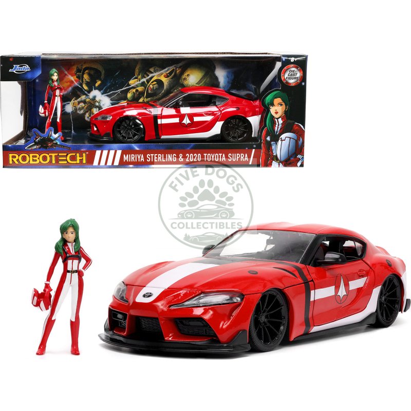 2020 toyota supra red with graphics and miriya sterling diecast figurine "robotech" "hollywood rides" series 1/24 diecast model car by jada