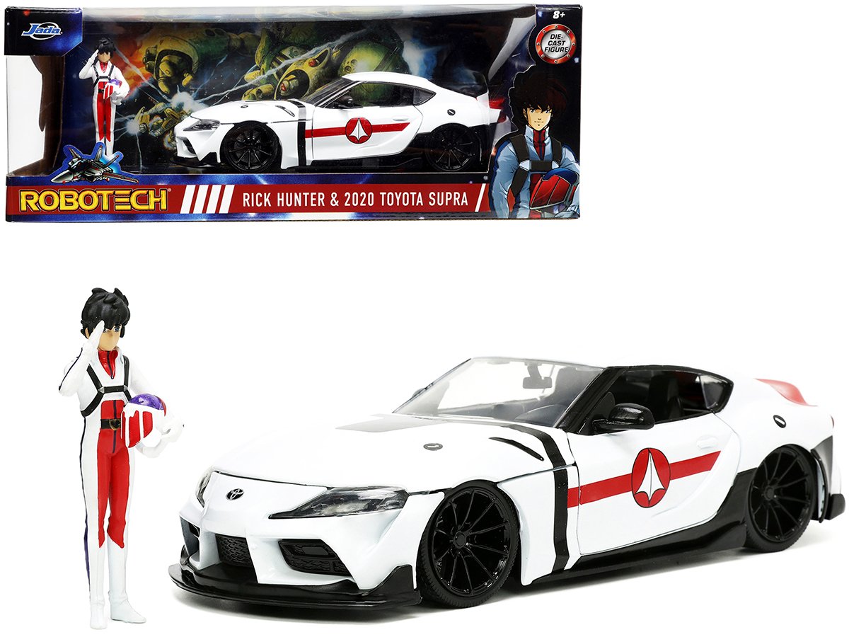 2020 toyota supra white and rick hunter diecast figurine "robotech" "hollywood rides" series 1/24 diecast model car by jada 2020 toyota supra white and rick hunter diecast figurine "robotech" "hollywood rides" series 1/24 diecast model car by jada