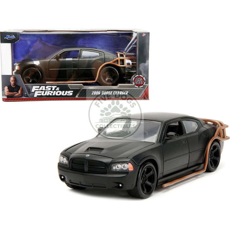 2006 dodge charger matt black with outer cage "fast & furious" movie 1/24 diecast model car by jada