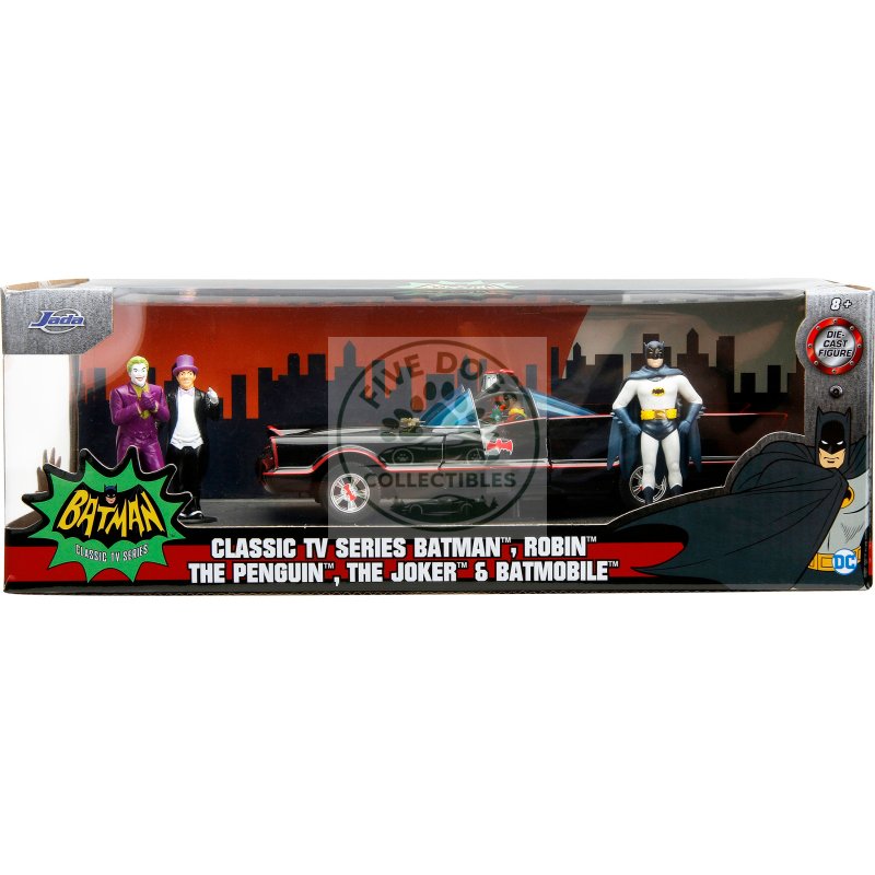 1966 classic batmobile with diecast batman the joker the penguin and plastic robin sitting inside the car "batman" tv series (1966) "hollywood rides" series 1/24 diecast model car by jada