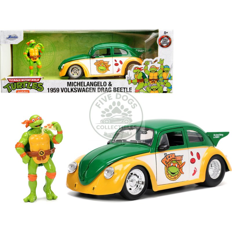1959 volkswagen drag beetle green and yellow and michelangelo diecast figure "teenage mutant ninja turtles" "hollywood rides" series 1/24 diecast model car by jada
