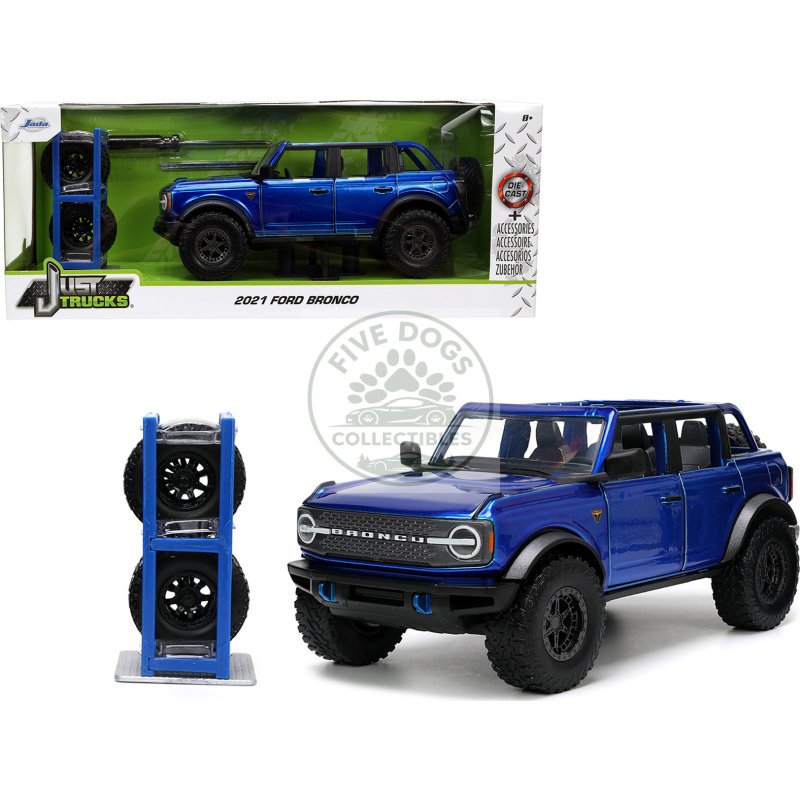 2021 ford bronco open top candy blue metallic with extra wheels "just trucks" series 1/24 diecast model car by jada