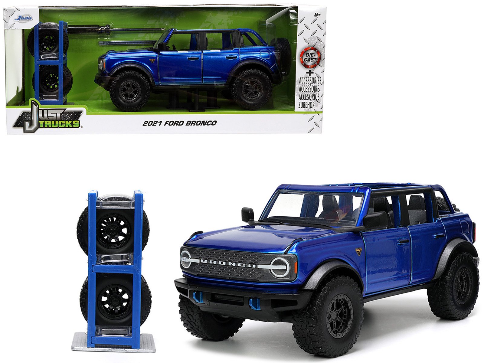 2021 ford bronco open top candy blue metallic with extra wheels "just trucks" series 1/24 diecast model car by jada 2021 ford bronco open top candy blue metallic with extra wheels "just trucks" series 1/24 diecast model car by jada