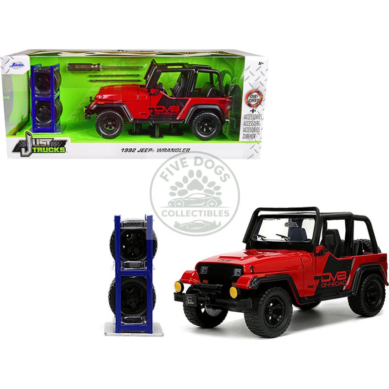 1992 jeep wrangler dv8 off road red with matt black stripes with extra wheels "just trucks" series 1/24 diecast model car by jada