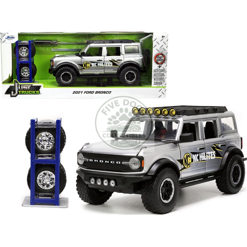 2021 ford bronco gray metallic "kc hilites" with extra wheels "just trucks" series 1/24 diecast model car by jada