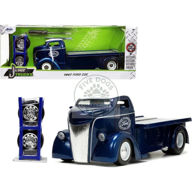 1947 ford coe flatbed truck dark blue metallic with white top "the famous motor cars" with extra wheels "just trucks" series 1/24 diecast model by jada