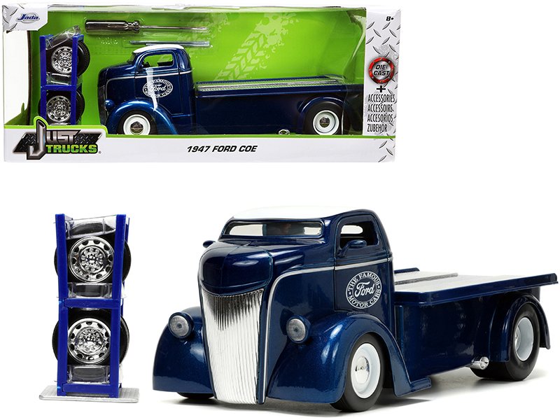 1947 ford coe flatbed truck dark blue metallic with white top "the famous motor cars" with extra wheels "just trucks" series 1/24 diecast model by jada 1947 ford coe flatbed truck dark blue metallic with white top "the famous motor cars" with extra wheels "just trucks" series 1/24 diecast model by jada