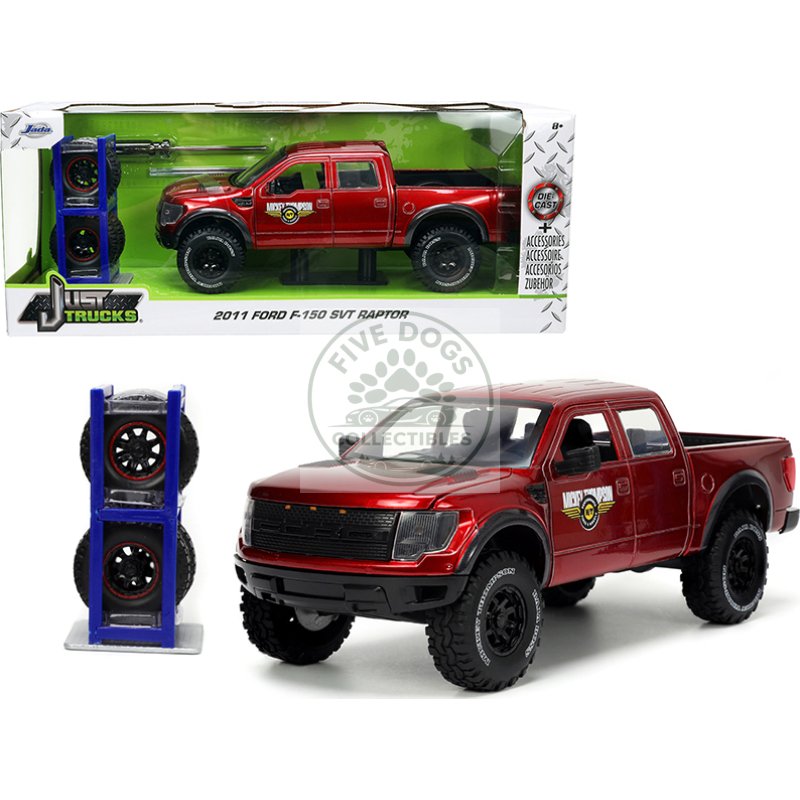 2011 ford f 150 svt raptor pickup truck candy red metallic "mickey thompson tires & wheels" with extra wheels "just trucks" series 1/24 diecast model car by jada