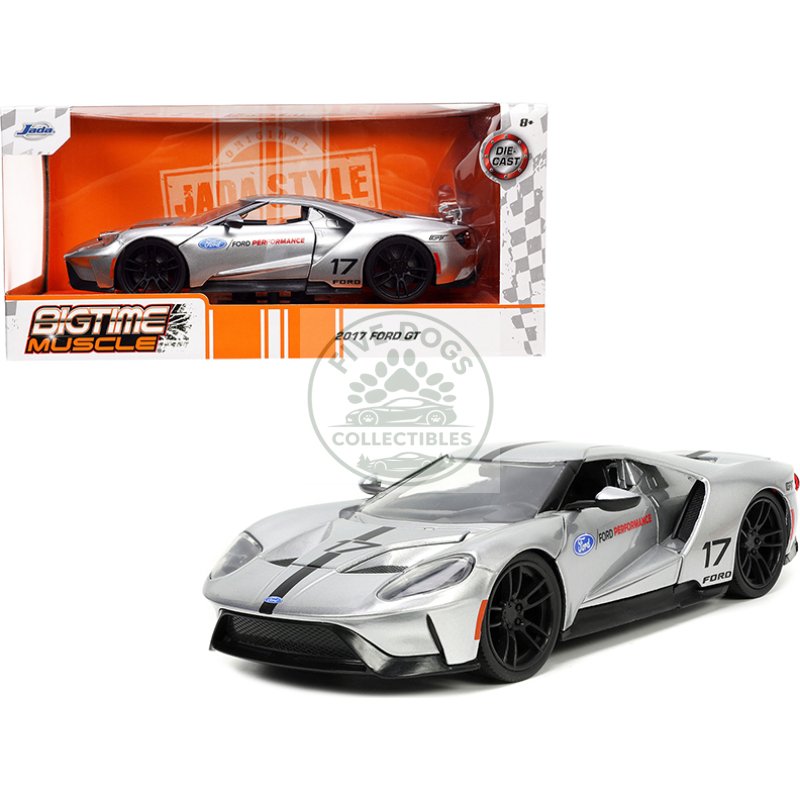 2017 ford gt #17 silver metallic with black stripes "ford performance" "bigtime muscle" series 1/24 diecast model car by jada