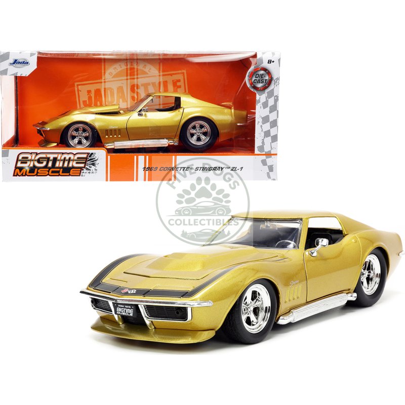 1969 chevrolet corvette stingray zl 1 gold metallic with black stripe "bigtime muscle" series 1/24 diecast model car by jada