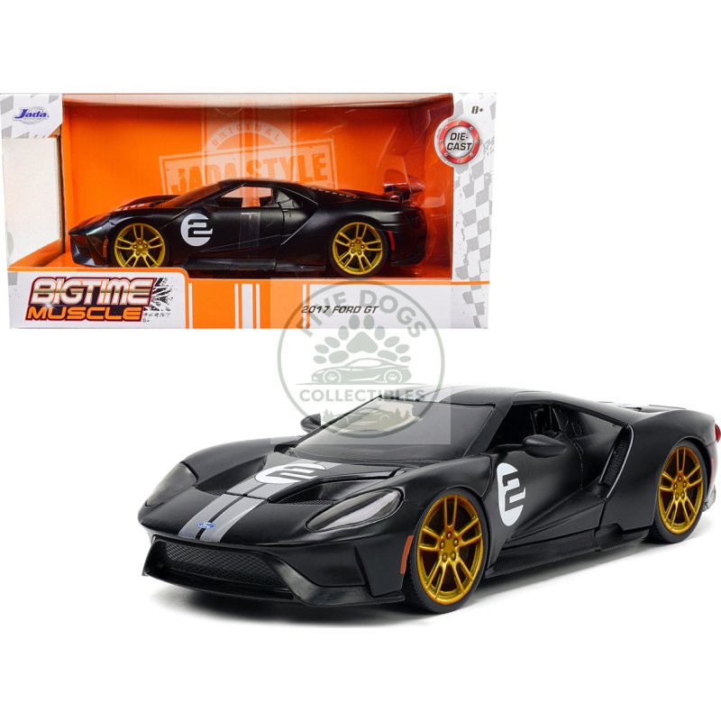 2017 ford gt #2 matt black with silver stripes and gold wheels "bigtime muscle" series 1/24 diecast model car by jada