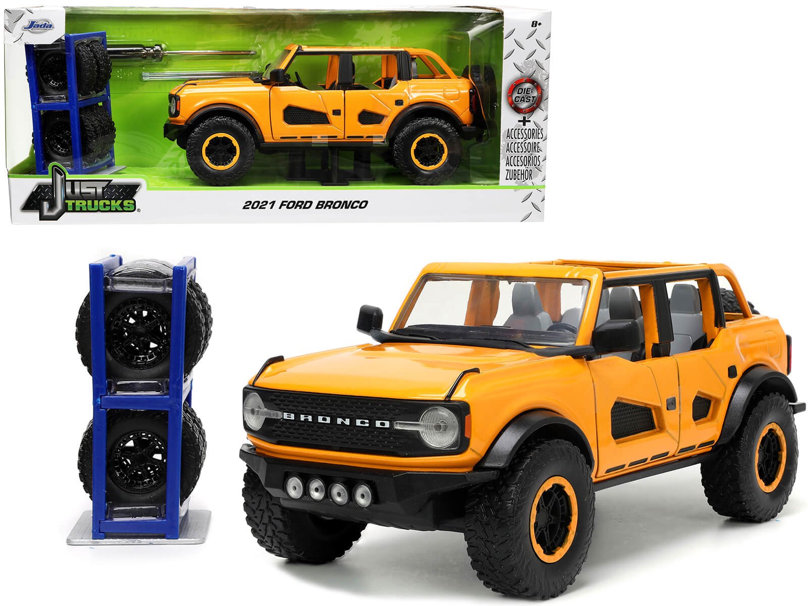 2021 ford bronco orange metallic with extra wheels "just trucks" series 1/24 diecast model car by jada 2021 ford bronco orange metallic with extra wheels "just trucks" series 1/24 diecast model car by jada