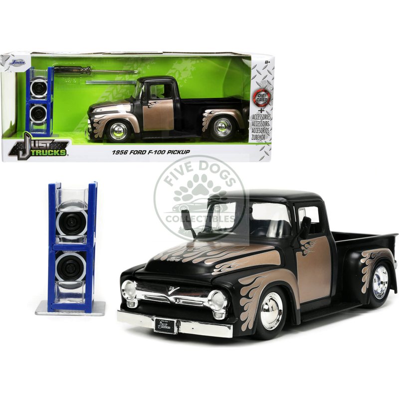1956 ford f 100 pickup truck matt black and champagne with flames with extra wheels "just trucks" series 1/24 diecast model car by jada