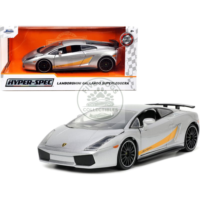 lamborghini gallardo superleggera silver metallic with yellow stripes "hyper spec" series 1/24 diecast model car by jada
