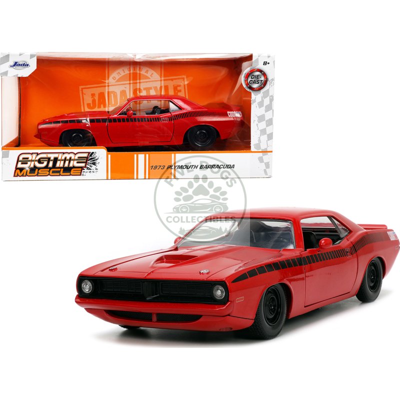 1973 plymouth barracuda red with black stripes "bigtime muscle" series 1/24 diecast model car by jada
