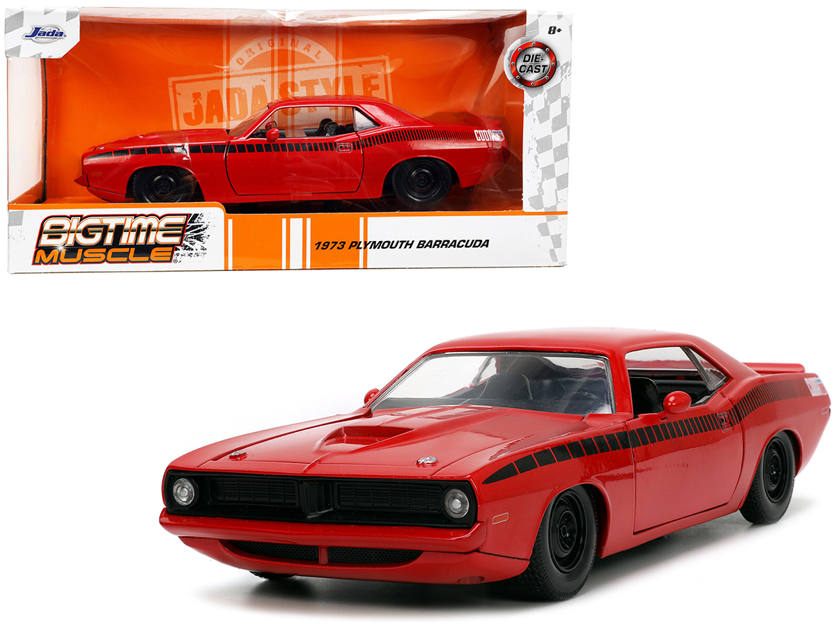 1973 plymouth barracuda red with black stripes "bigtime muscle" series 1/24 diecast model car by jada 1973 plymouth barracuda red with black stripes "bigtime muscle" series 1/24 diecast model car by jada