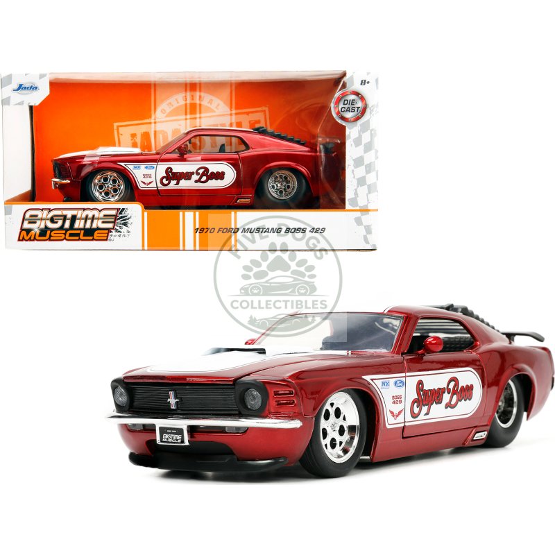 1970 ford mustang boss 429 candy red with white stripes "super boss" "bigtime muscle" series 1/24 diecast model car by jada