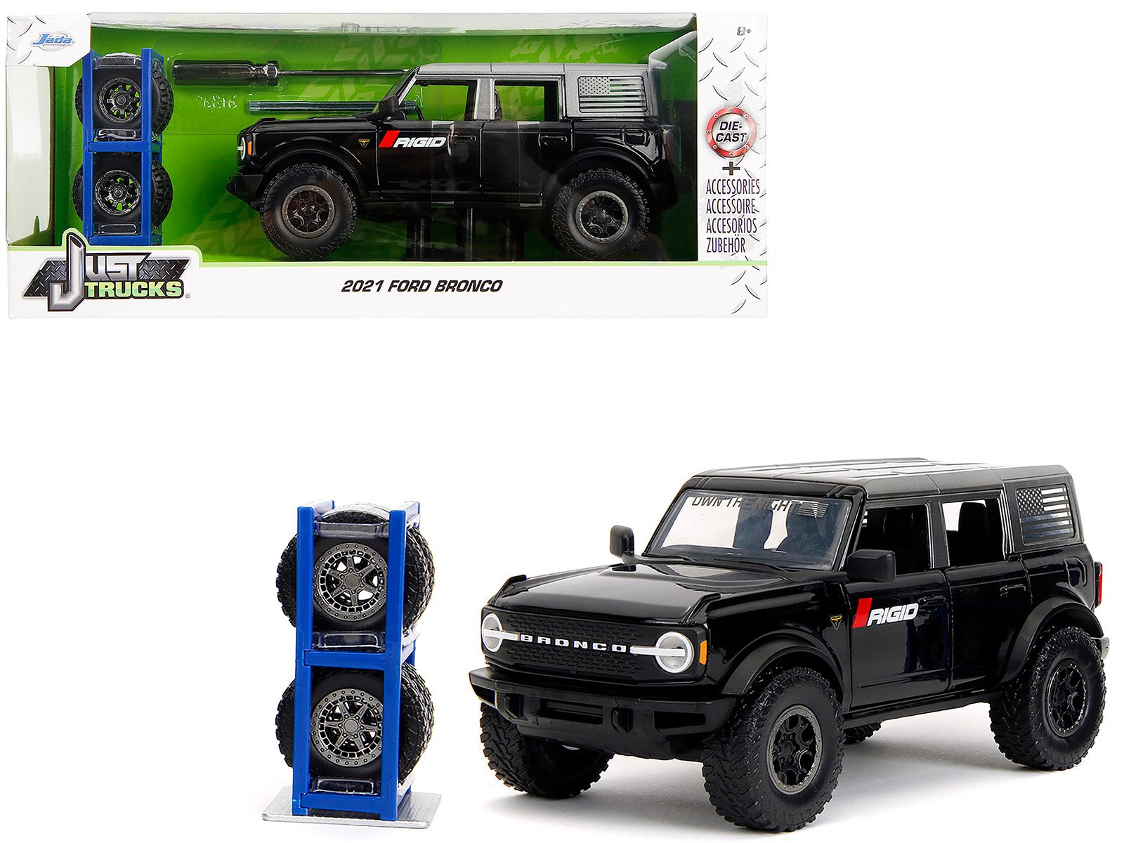 2021 ford bronco badlands black "rigid" with extra wheels "just trucks" series 1/24 diecast model car by jada 2021 ford bronco badlands black "rigid" with extra wheels "just trucks" series 1/24 diecast model car by jada