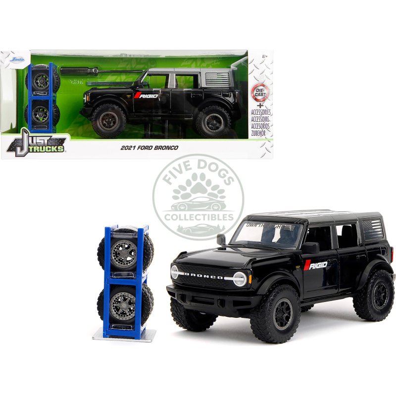 2021 ford bronco badlands black "rigid" with extra wheels "just trucks" series 1/24 diecast model car by jada
