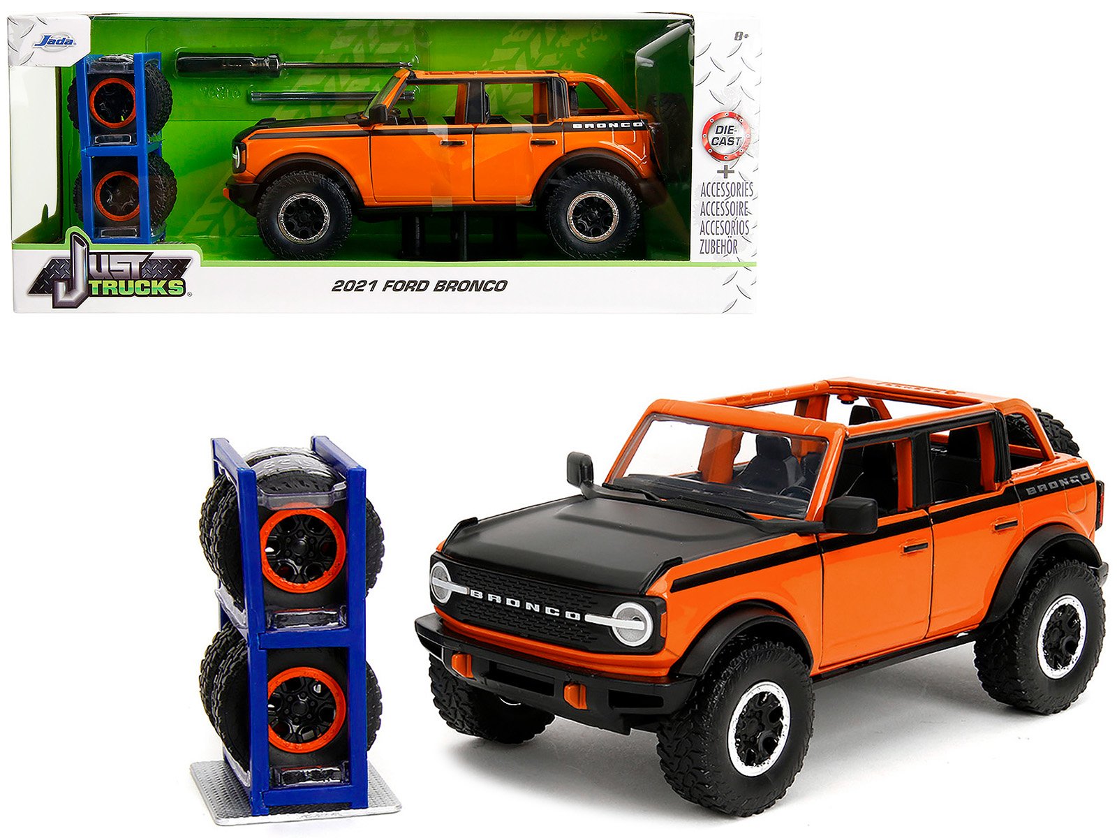 2021 ford bronco open top orange with black stripes and hood with extra wheels "just trucks" series 1/24 diecast model car by jada 2021 ford bronco open top orange with black stripes and hood with extra wheels "just trucks" series 1/24 diecast model car by jada