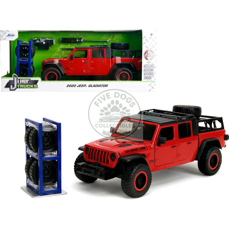 2020 jeep gladiator rubicon pickup truck red with black top and extra wheels "just trucks" series 1/24 diecast model car by jada