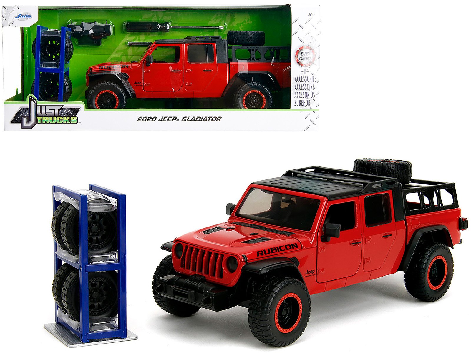 2020 jeep gladiator rubicon pickup truck red with black top and extra wheels "just trucks" series 1/24 diecast model car by jada 2020 jeep gladiator rubicon pickup truck red with black top and extra wheels "just trucks" series 1/24 diecast model car by jada