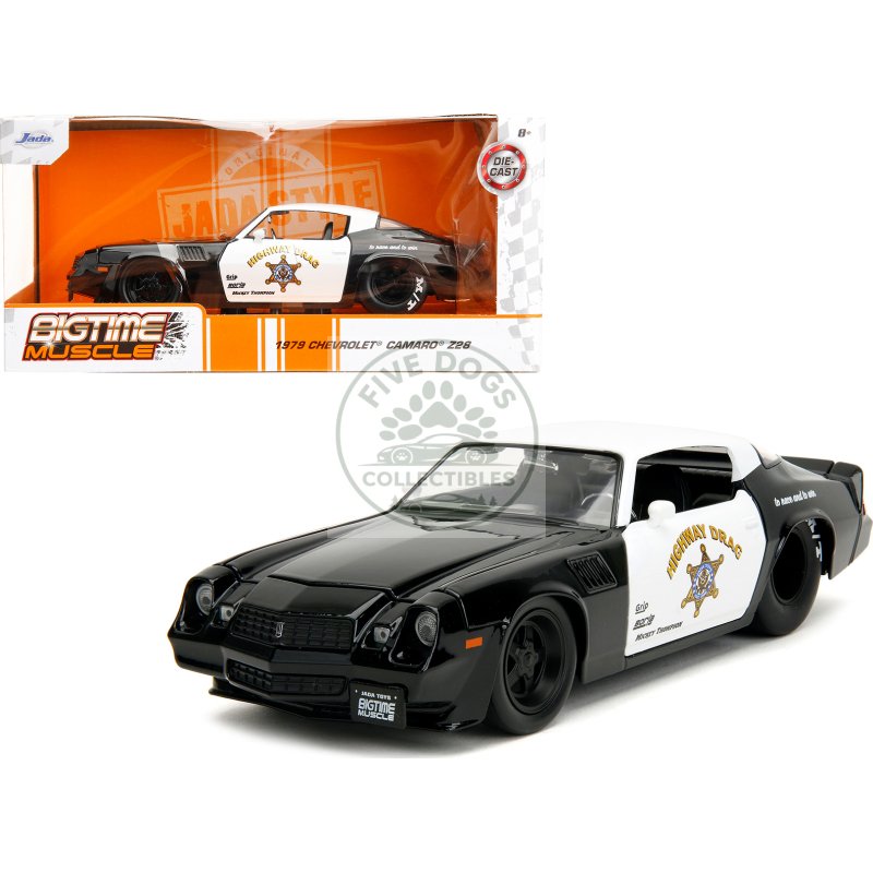 1979 chevrolet camaro z28 police black and white "highway drag" "bigtime muscle" series 1/24 diecast model car by jada