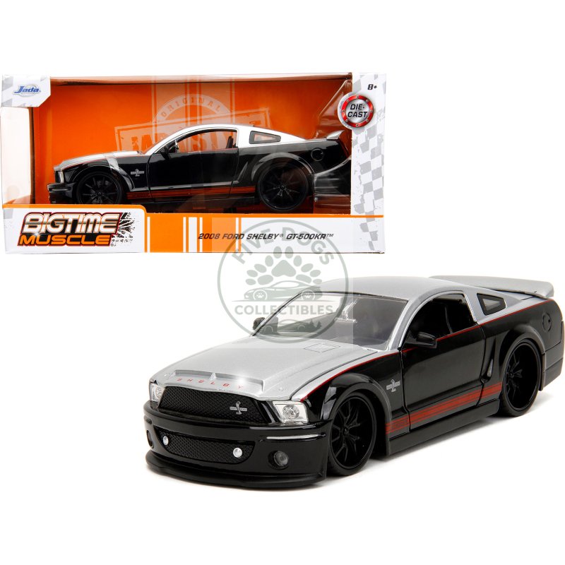 2008 ford shelby mustang gt 500kr silver and black with red stripes "bigtime muscle" series 1/24 diecast model car by jada