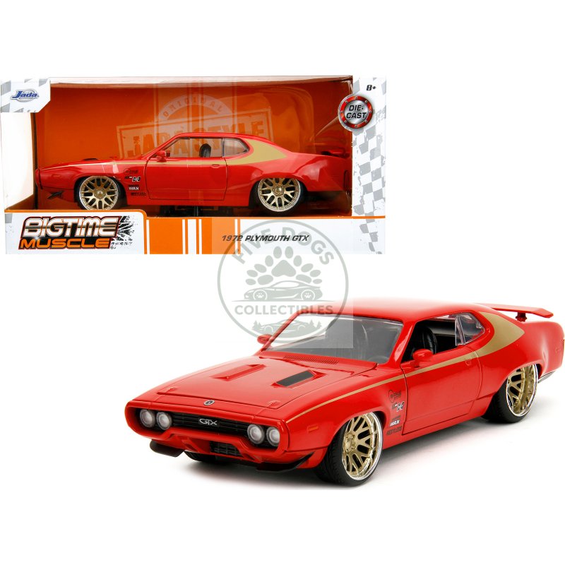 1972 plymouth gtx red with gold graphics "bigtime muscle" series 1/24 diecast model car by jada