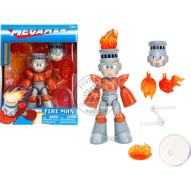 fire man 5.5" moveable figure with accessories and alternate head and hands "mega man" (1987) video game model by jada