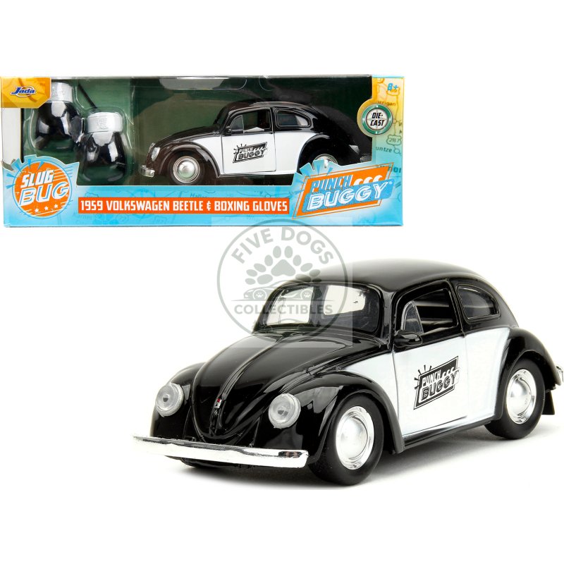 1959 volkswagen beetle "punch buggy" black and white and boxing gloves accessory "punch buggy" series 1/32 diecast model car by jada