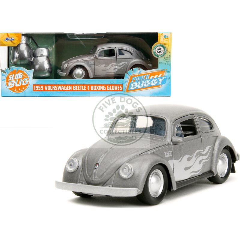 1959 volkswagen beetle gray metallic with silver flames and boxing gloves accessory "punch buggy" series 1/32 diecast model car by jada
