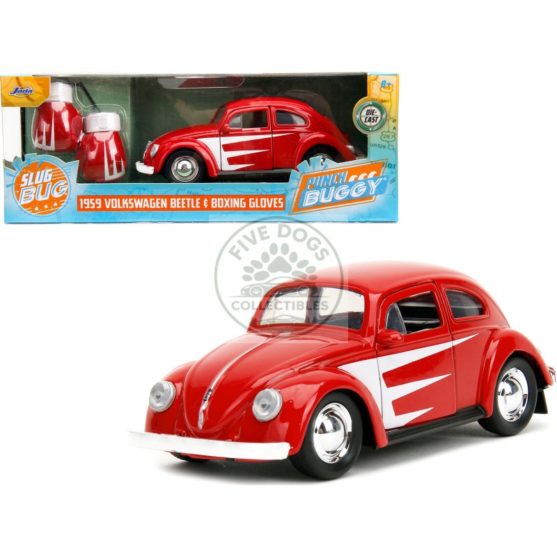 1959 volkswagen beetle red with white graphics and boxing gloves accessory "punch buggy" series 1/32 diecast model car by jada