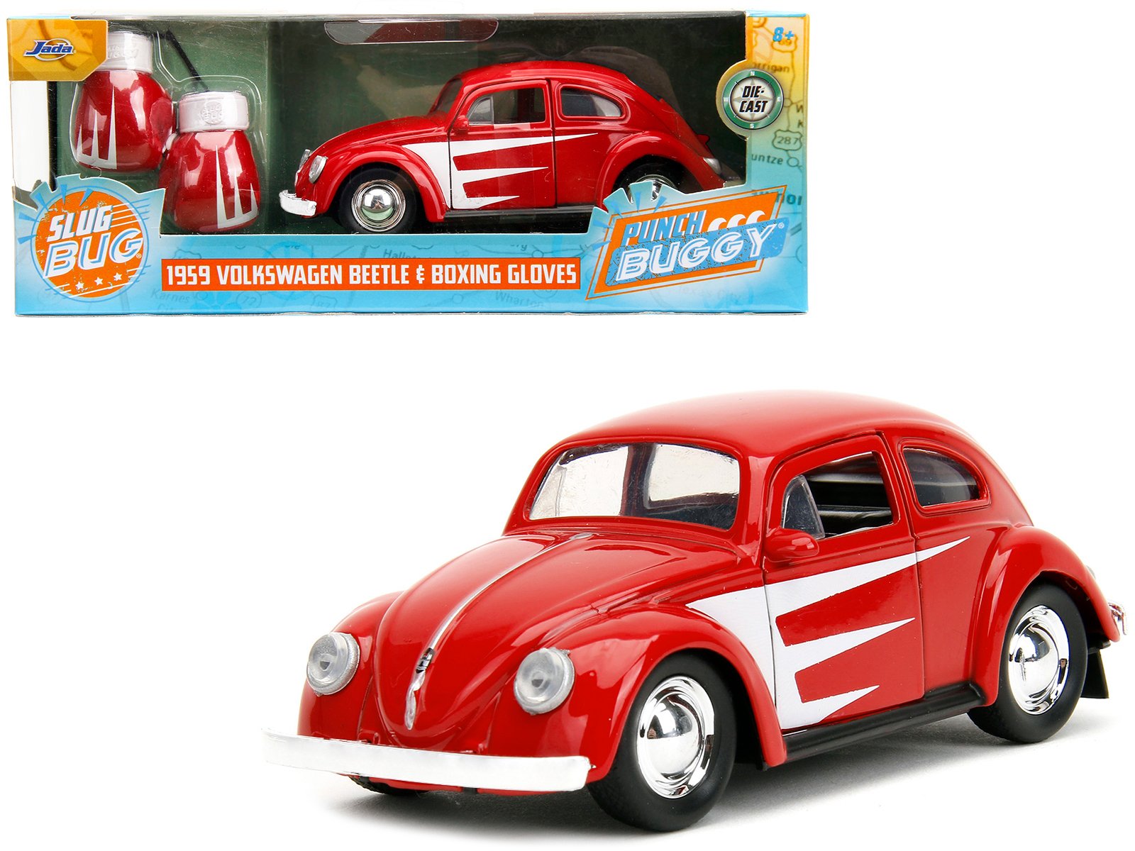 1959 volkswagen beetle red with white graphics and boxing gloves accessory "punch buggy" series 1/32 diecast model car by jada 1959 volkswagen beetle red with white graphics and boxing gloves accessory "punch buggy" series 1/32 diecast model car by jada