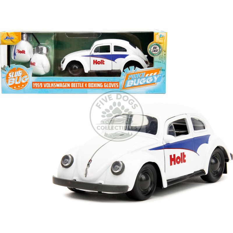 1959 volkswagen beetle "holt" white with blue graphics and boxing gloves accessory "punch buggy" series 1/32 diecast model car by jada
