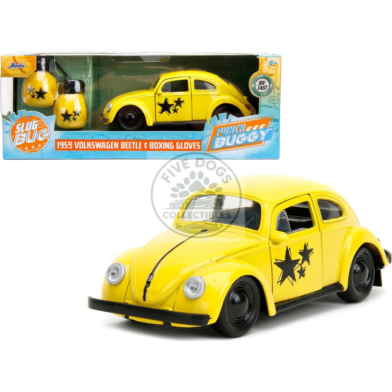 1959 volkswagen beetle yellow with black graphics and boxing gloves accessory "punch buggy" series 1/32 diecast model car by jada