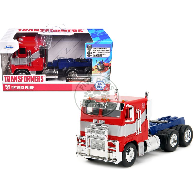 optimus prime tractor truck red and blue with silver stripes "transformers: rise of the beasts" (2023) movie "hollywood rides" series 1/32 diecast model car by jada