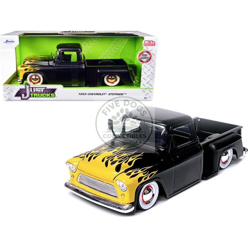 1955 chevrolet stepside pickup truck matt black with yellow flames "just trucks" series 1/24 diecast model car by jada