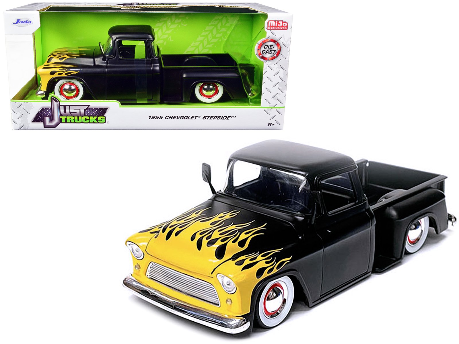 1955 chevrolet stepside pickup truck matt black with yellow flames "just trucks" series 1/24 diecast model car by jada 1955 chevrolet stepside pickup truck matt black with yellow flames "just trucks" series 1/24 diecast model car by jada