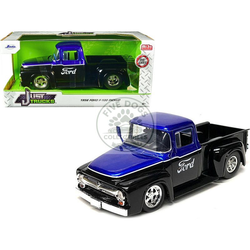 1956 ford f 100 pickup truck black and blue metallic with ford graphics "just trucks" series 1/24 diecast model car by jada