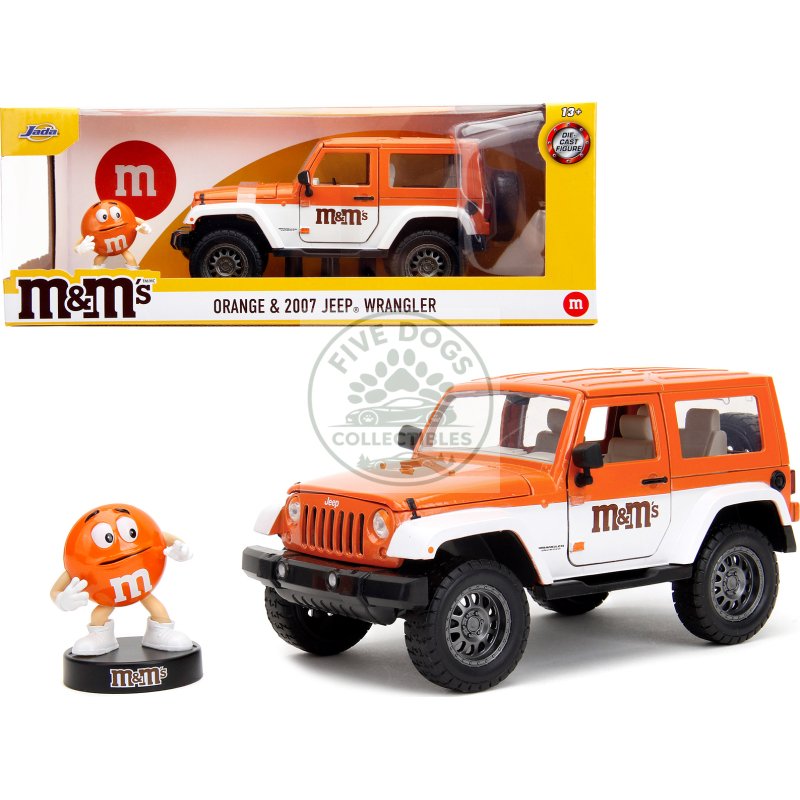 2007 jeep wrangler orange metallic and white and orange m&m diecast figure "m&m's" "hollywood rides" series 1/24 diecast model car by jada