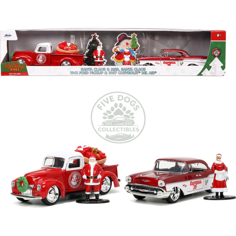 1941 ford pickup truck red and white "santa's workshop" and 1957 chevrolet bel air red metallic and white "express 25" with mr. and mrs. santa claus diecast figures "holiday rides" series 1/32 diecast model cars by jada