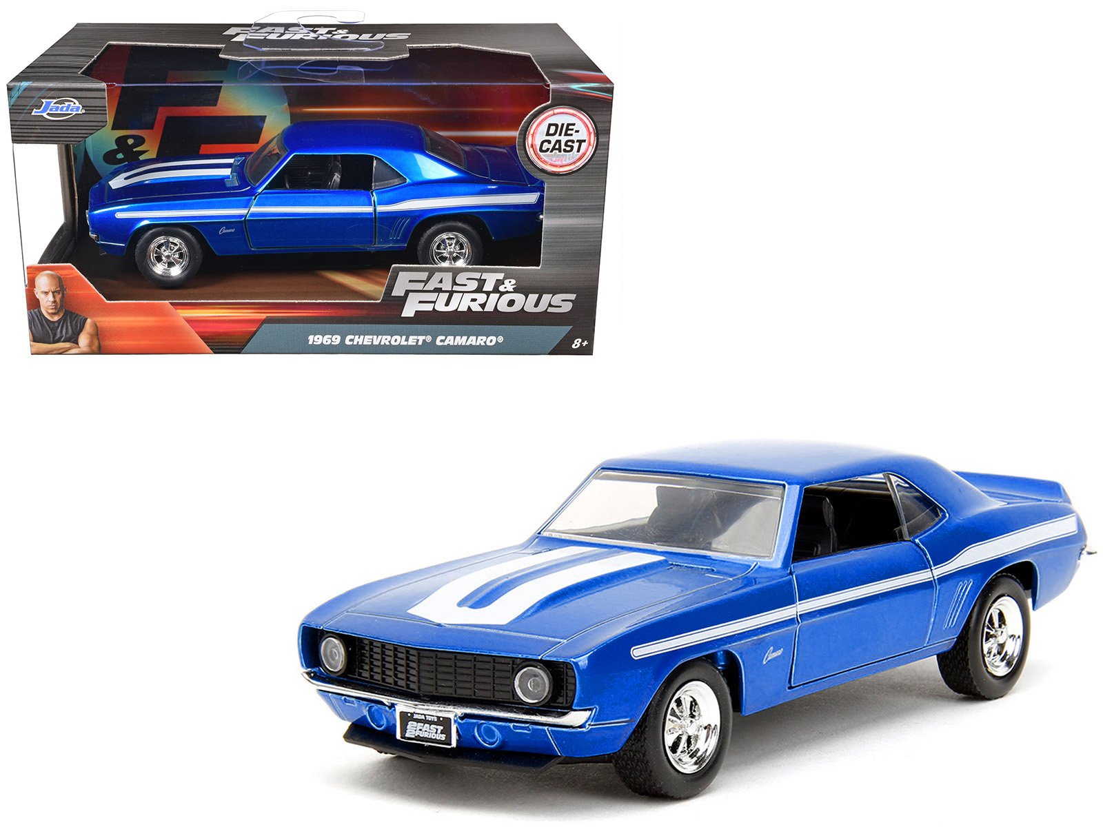 1969 chevrolet camaro blue metallic with white stripes "2 fast 2 furious" (2003) movie "fast & furious" series 1/32 diecast model car by jada 1969 chevrolet camaro blue metallic with white stripes "2 fast 2 furious" (2003) movie "fast & furious" series 1/32 diecast model car by jada