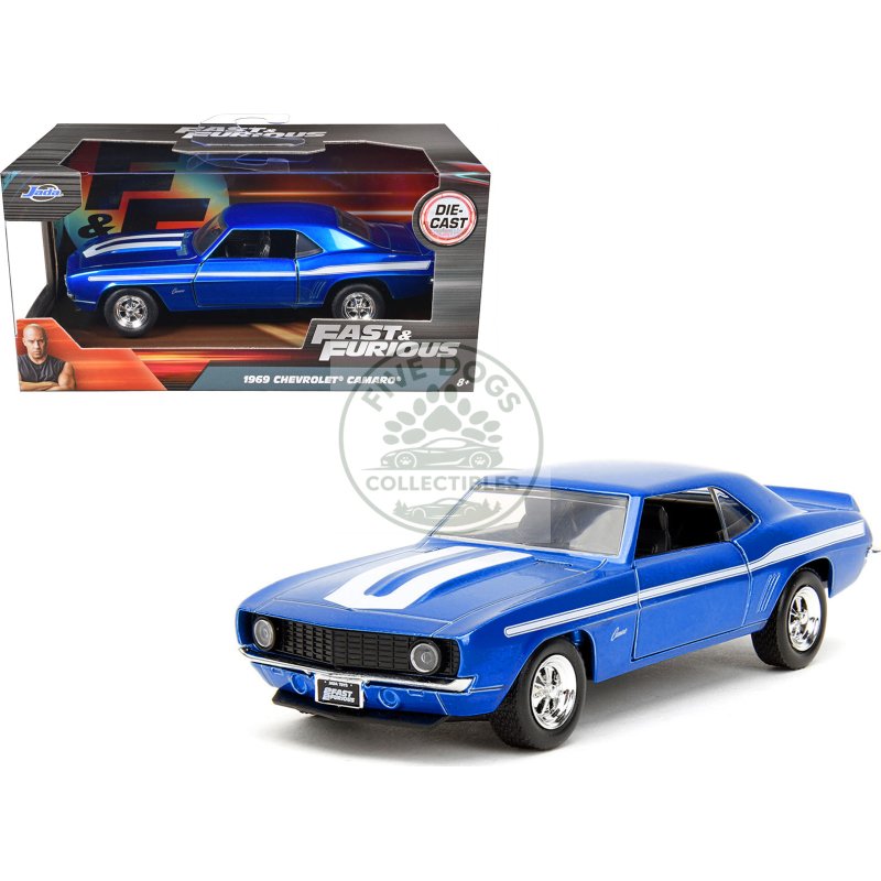1969 chevrolet camaro blue metallic with white stripes "2 fast 2 furious" (2003) movie "fast & furious" series 1/32 diecast model car by jada