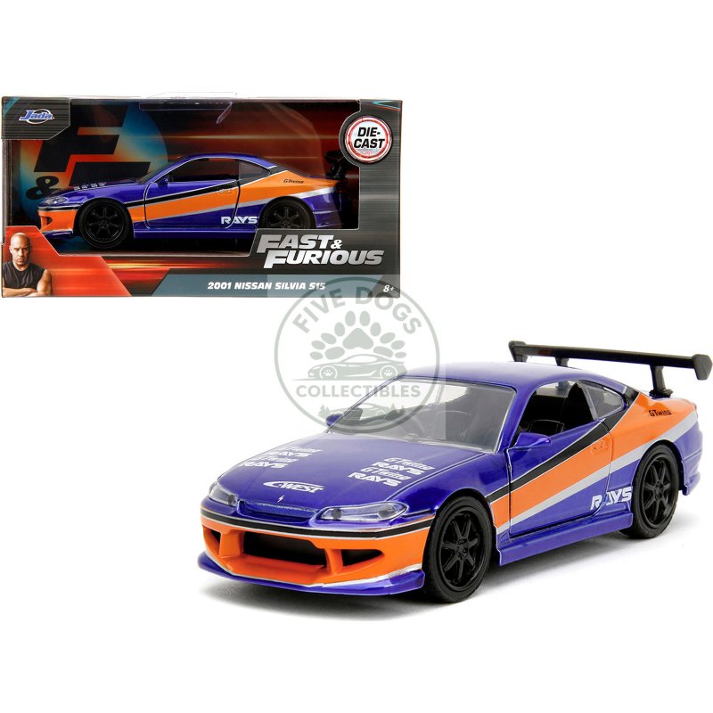 2001 nissan silvia s15 rhd (right hand drive) blue metallic with graphics "the fast and the furious: tokyo drift" (2006) movie "fast & furious" series 1/32 diecast car model by jada