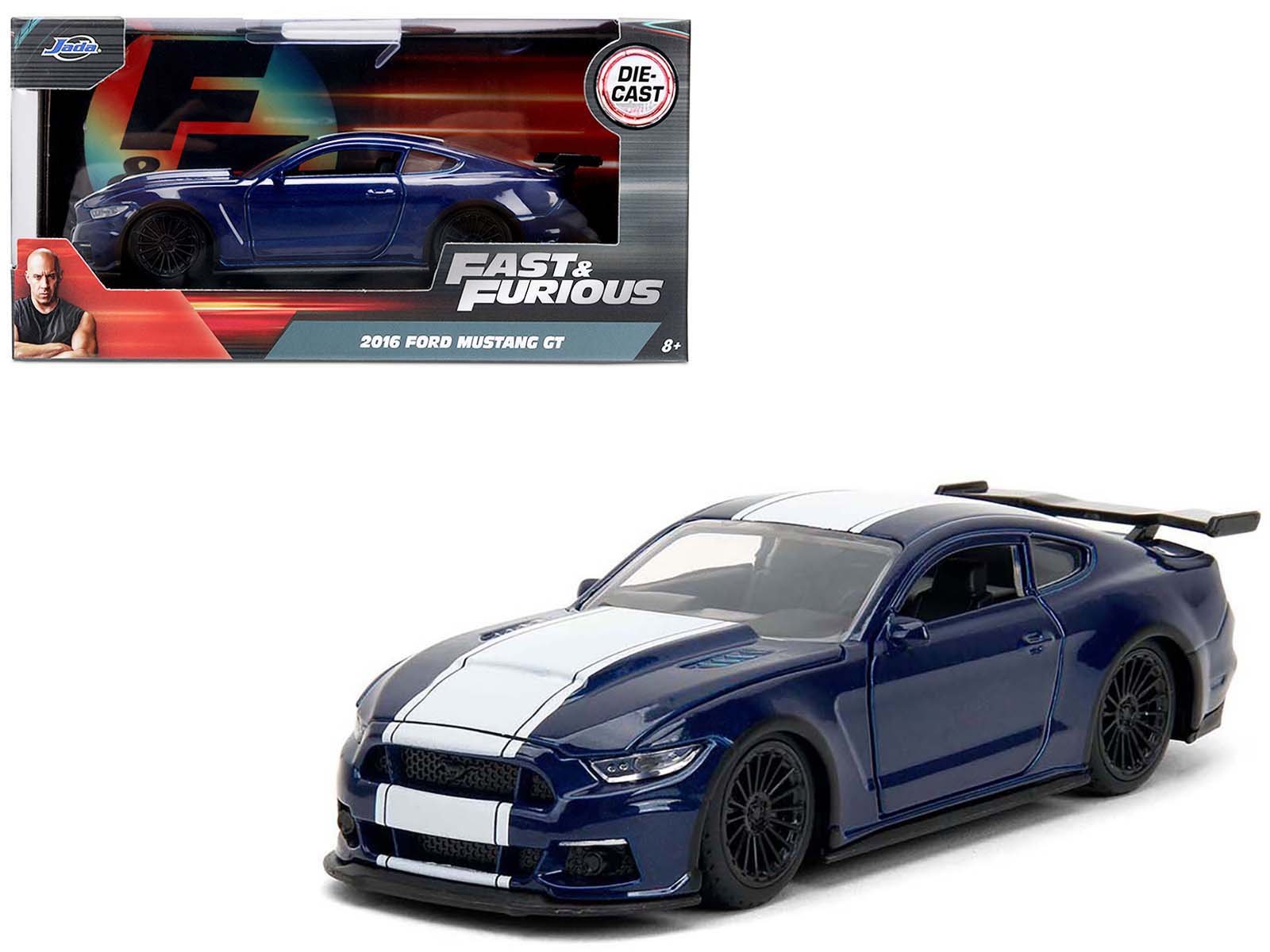 2016 ford mustang gt dark blue metallic with white stripe "f9" (2021) movie "fast & furious" series 1/32 diecast model car by jada 2016 ford mustang gt dark blue metallic with white stripe "f9" (2021) movie "fast & furious" series 1/32 diecast model car by jada