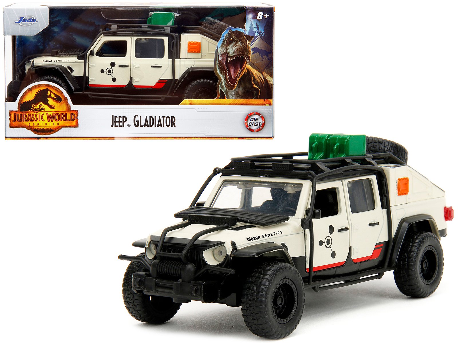 jeep gladiator pickup truck with equipment shell beige with graphics "biosyn genetics" "jurassic world dominion" (2022) movie "hollywood rides" series 1/32 diecast model car by jada jeep gladiator pickup truck with equipment shell beige with graphics "biosyn genetics" "jurassic world dominion" (2022) movie "hollywood rides" series 1/32 diecast model car by jada